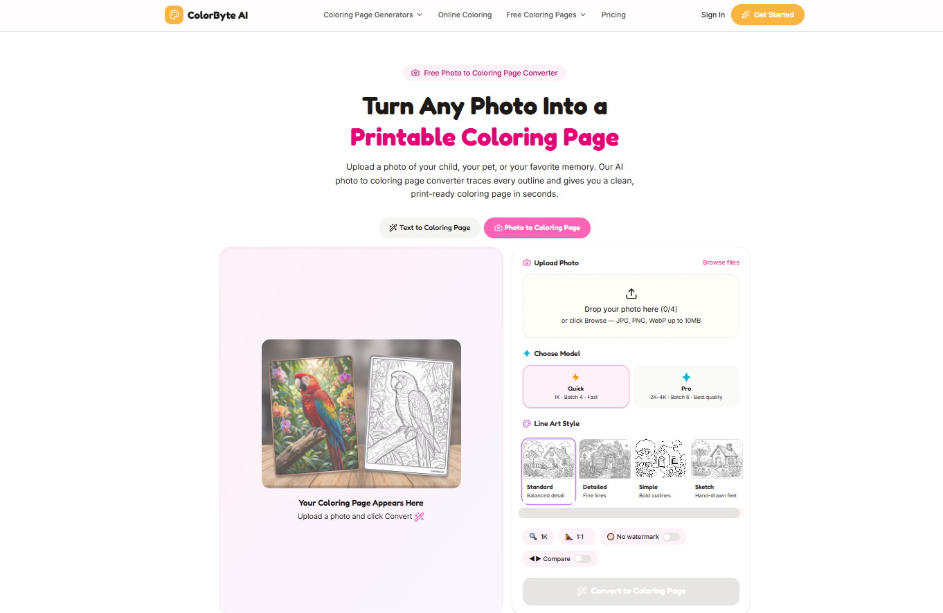 ColorByte AI Photo to Coloring page