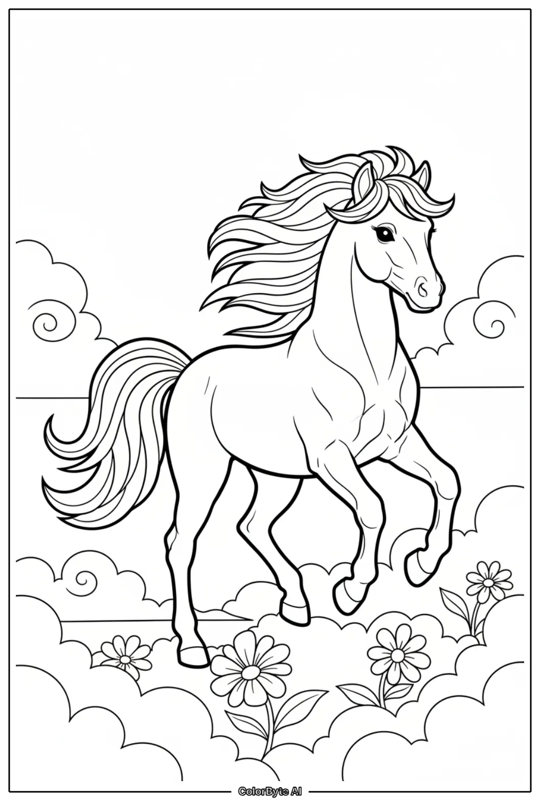 Pony trotting across sky meadow
