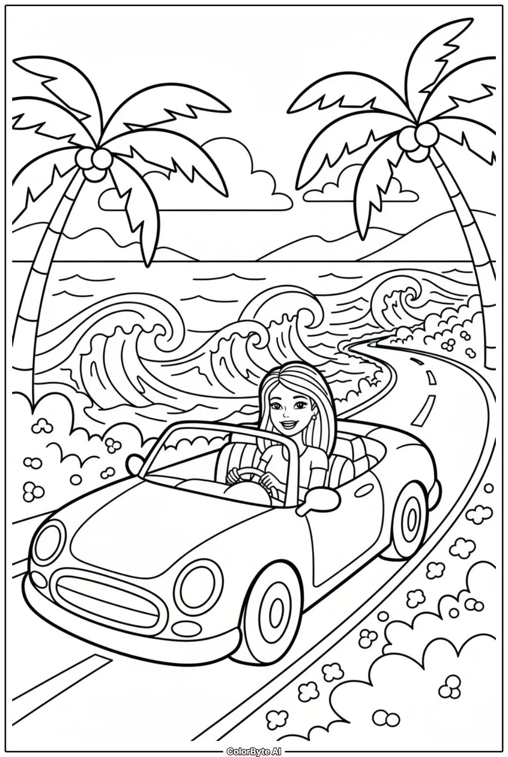 Barbie Riding Pink Convertible Along Coastal Road