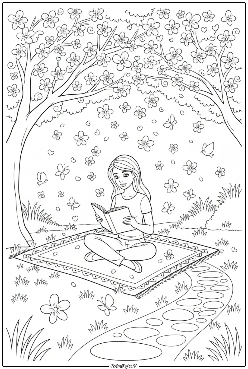 Barbie Reading Book Under Big Blossom Tree