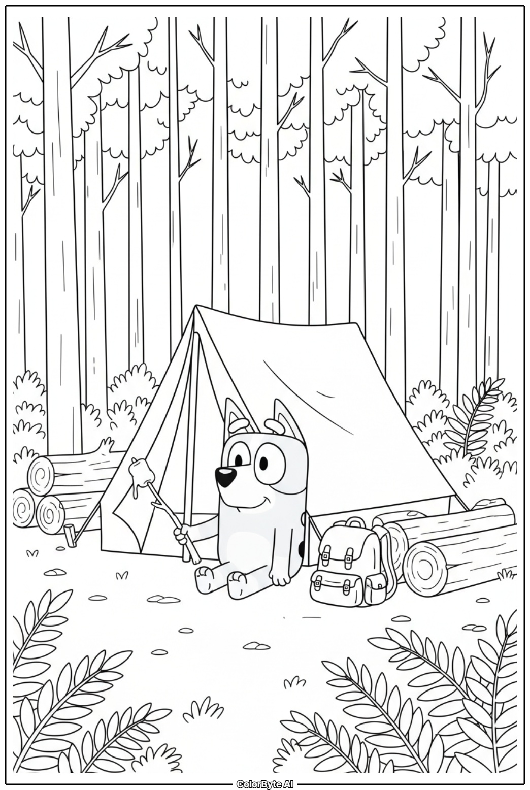 Bluey camping in the forest with family tent