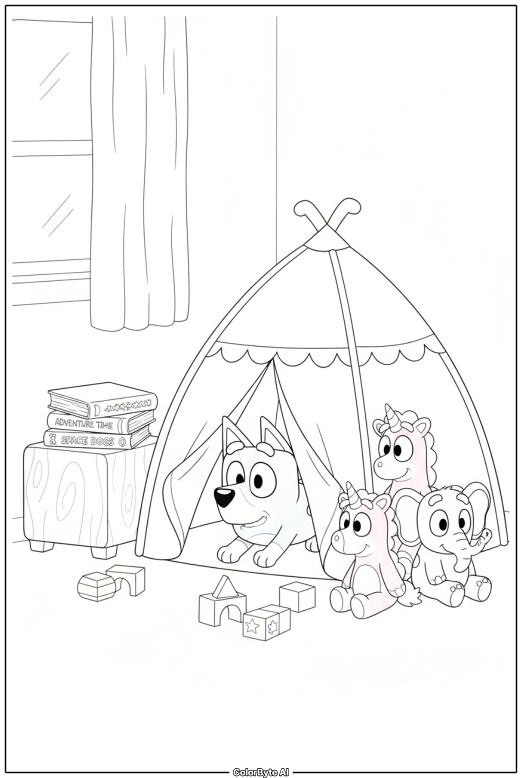 Bluey and Bingo in bedroom play tent