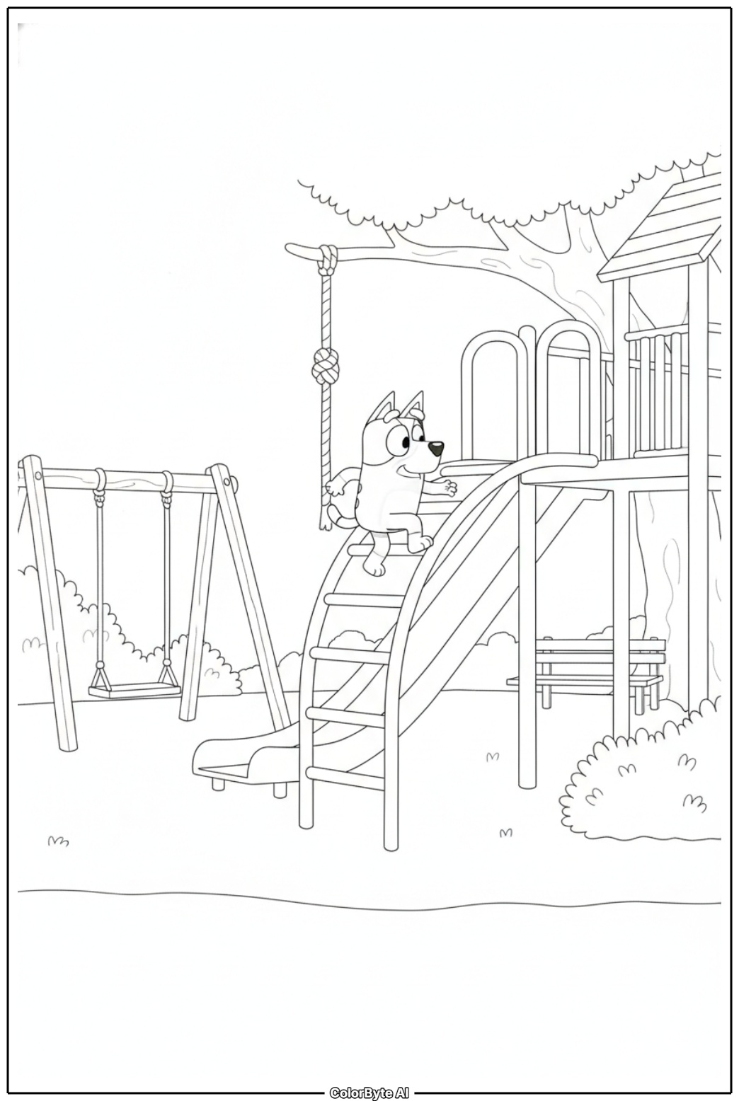 Bluey and Bingo racing at the park playground
