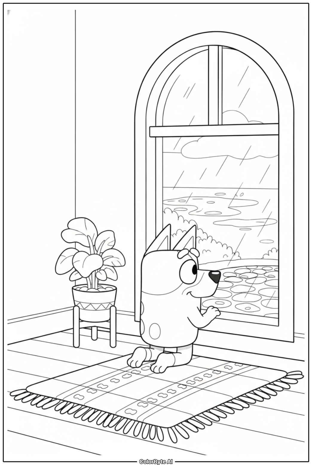 Bluey watching rain through the window