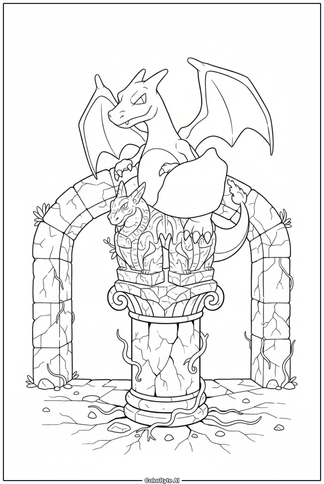 Charizard guarding ancient stone ruins