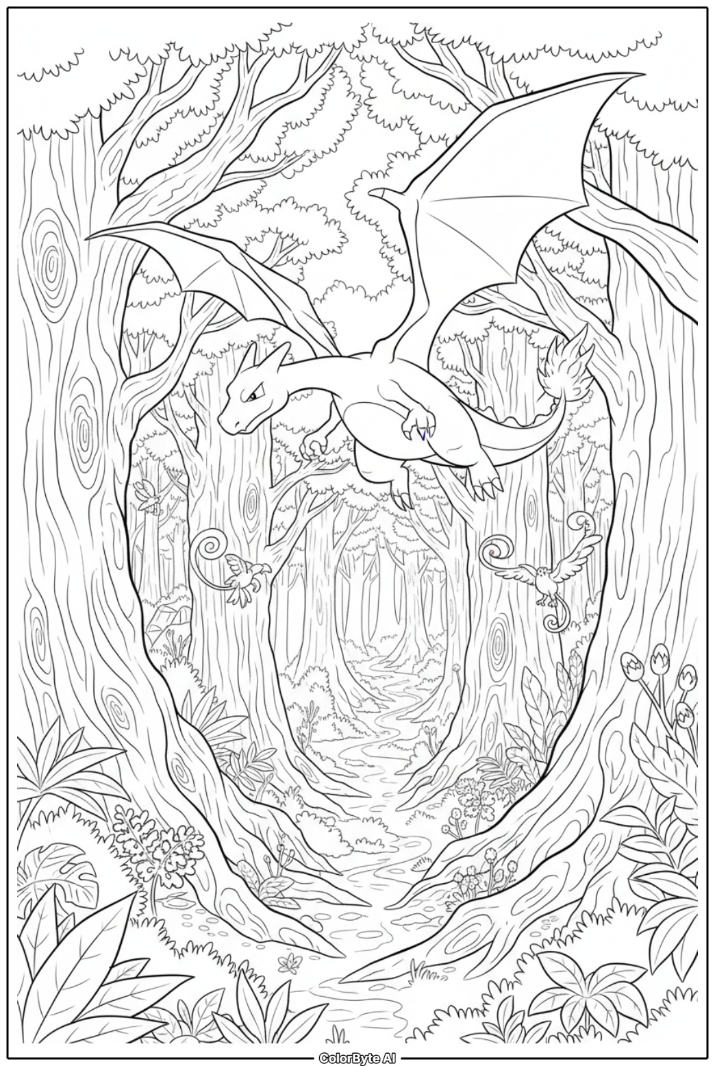 Charizard gliding over forest at sunrise