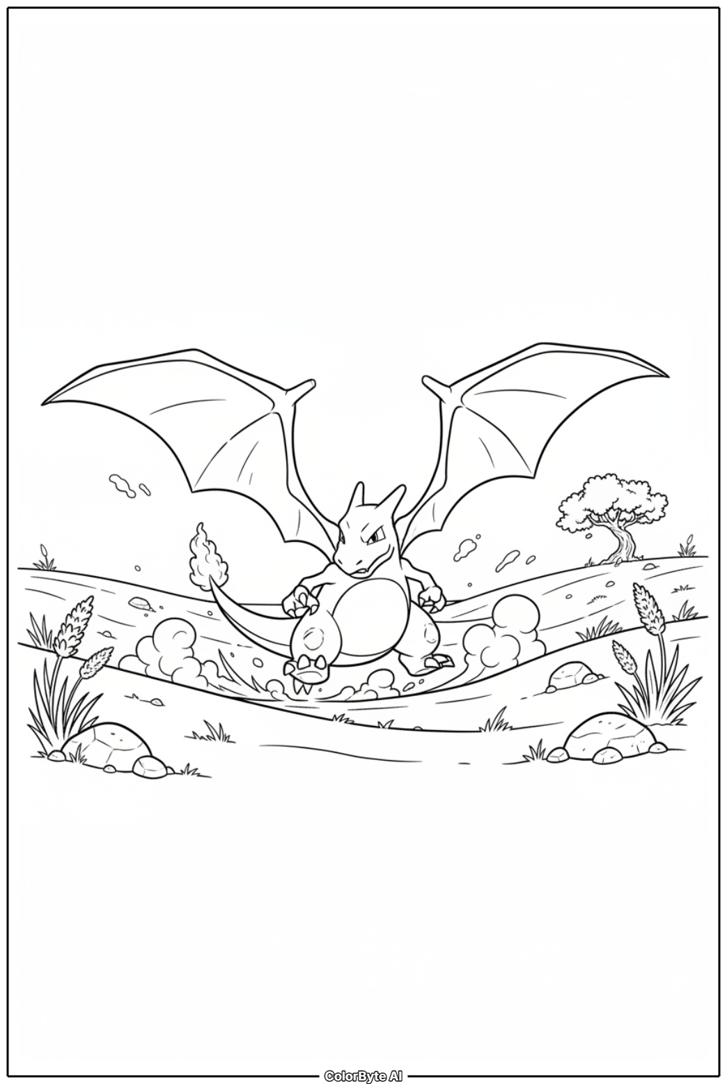 Charizard sprinting across wild grassland