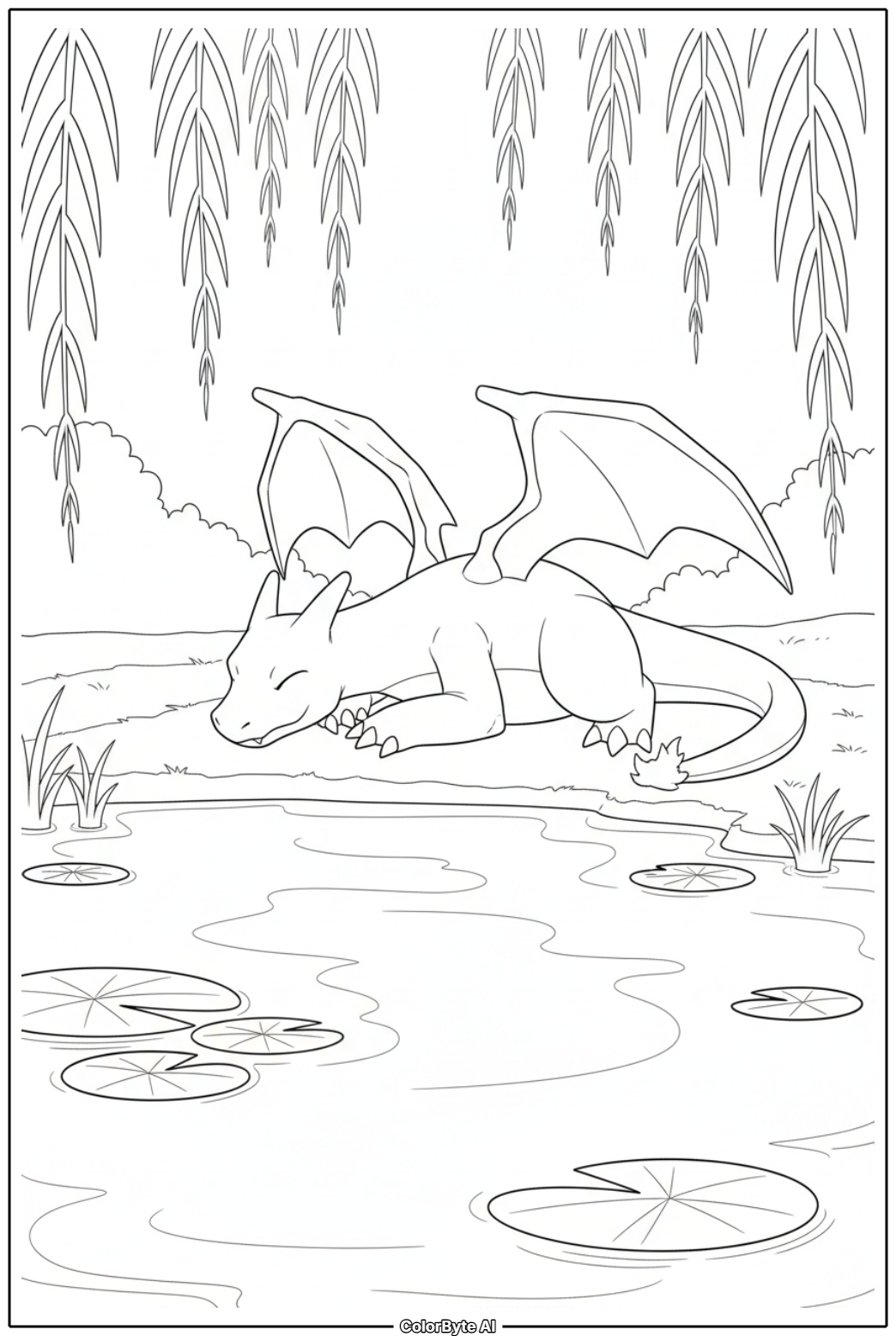 Charizard relaxing by lakeside at sunset