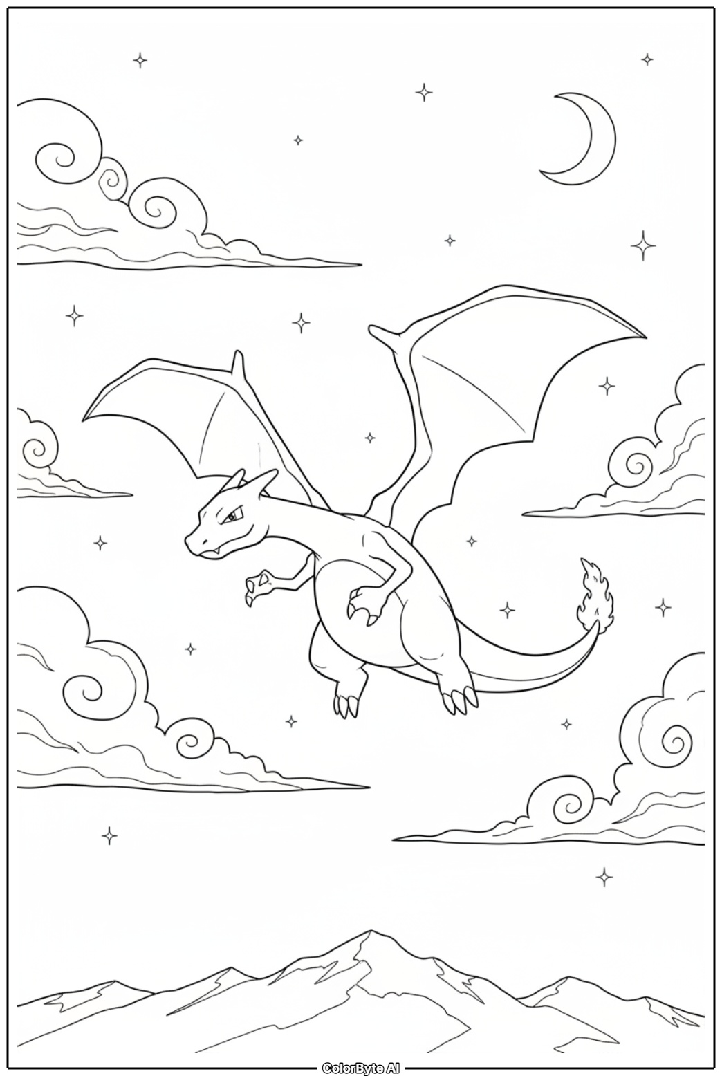 Charizard flying under starry night sky
