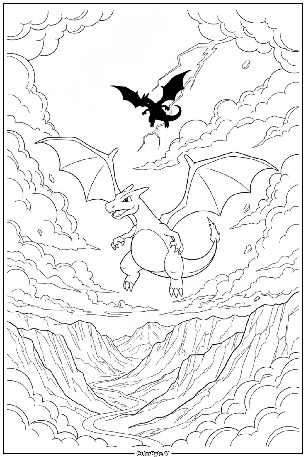 Charizard battling in storm clouds