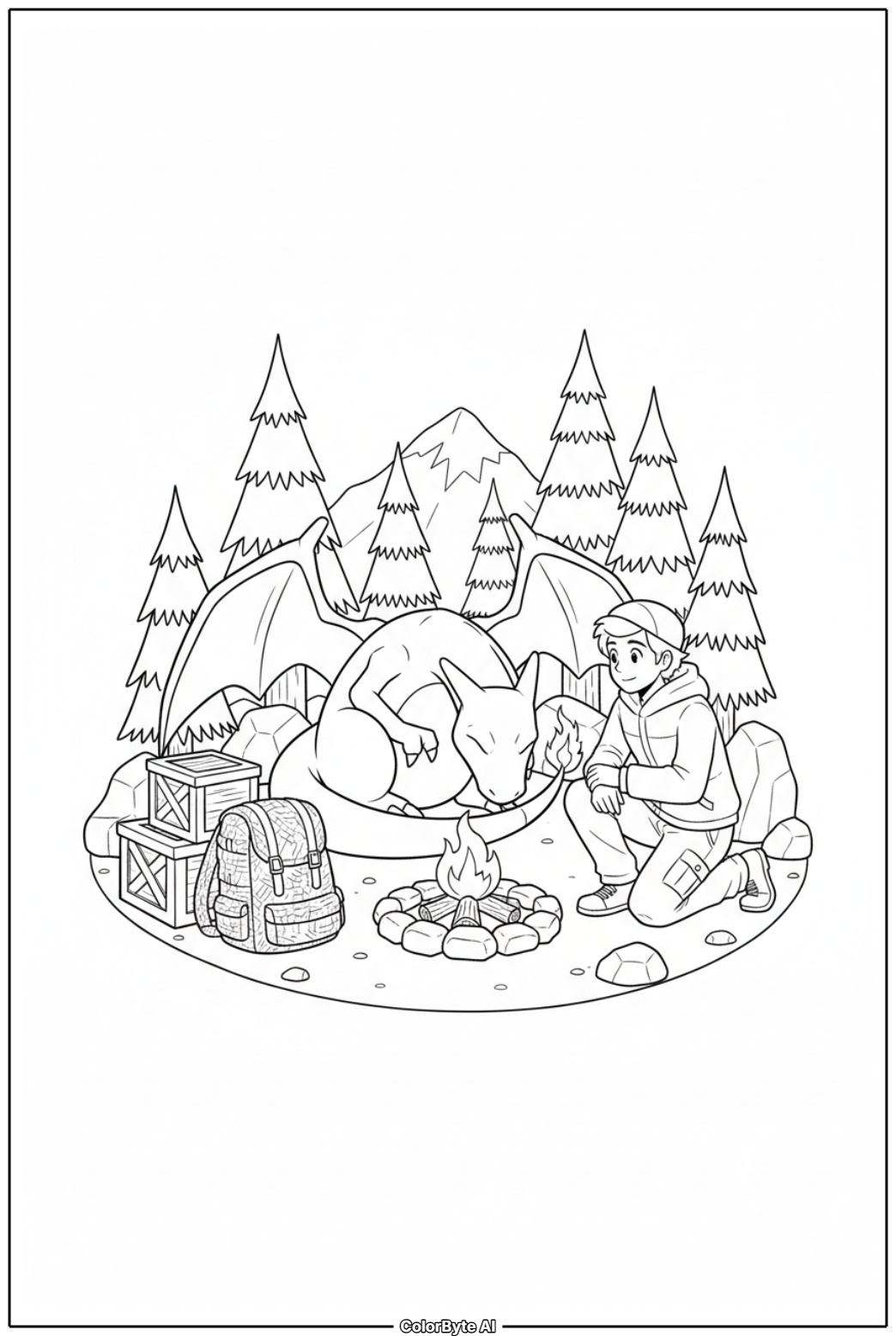 Charizard resting with trainer at mountain camp