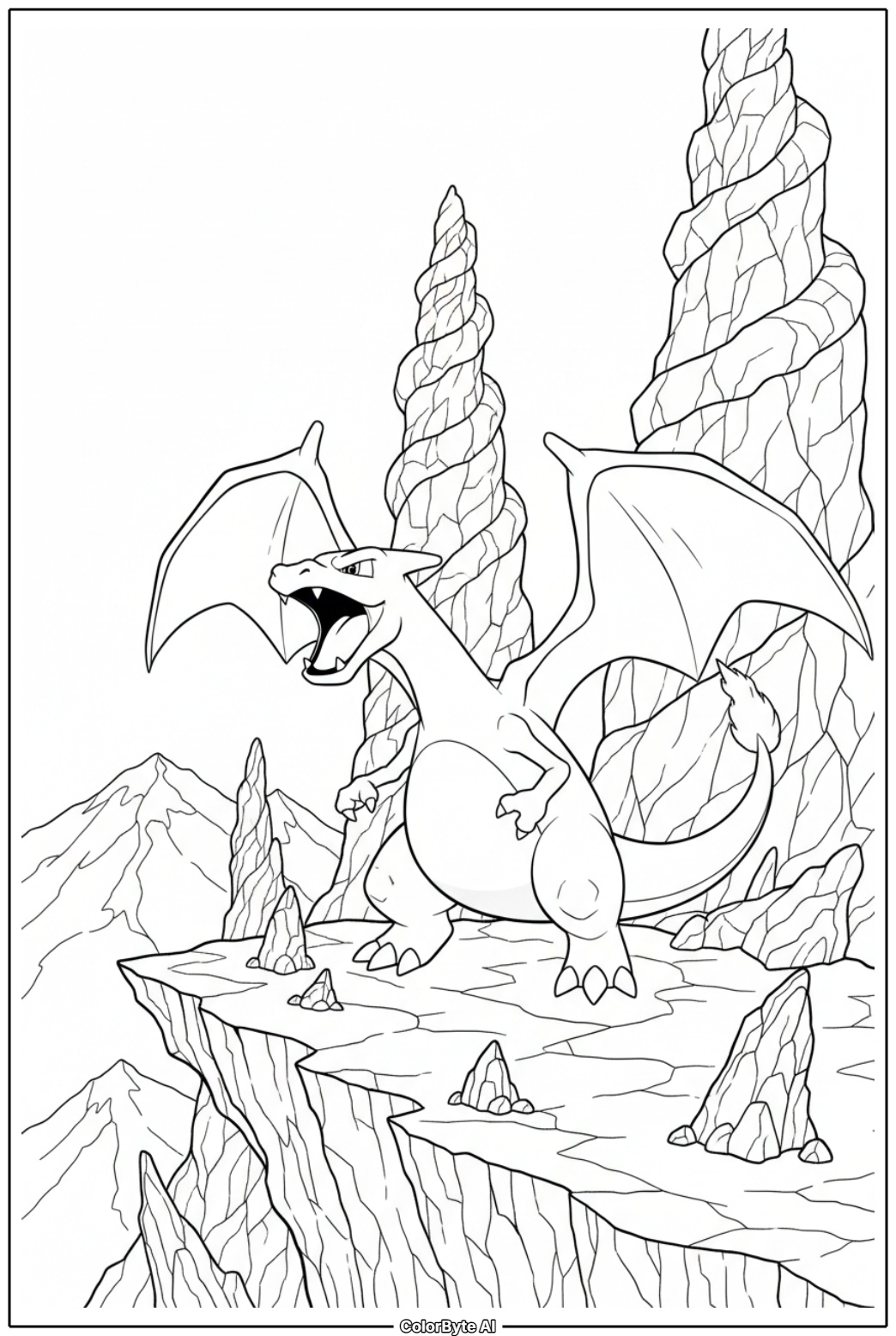 Charizard roaring on volcano cliff