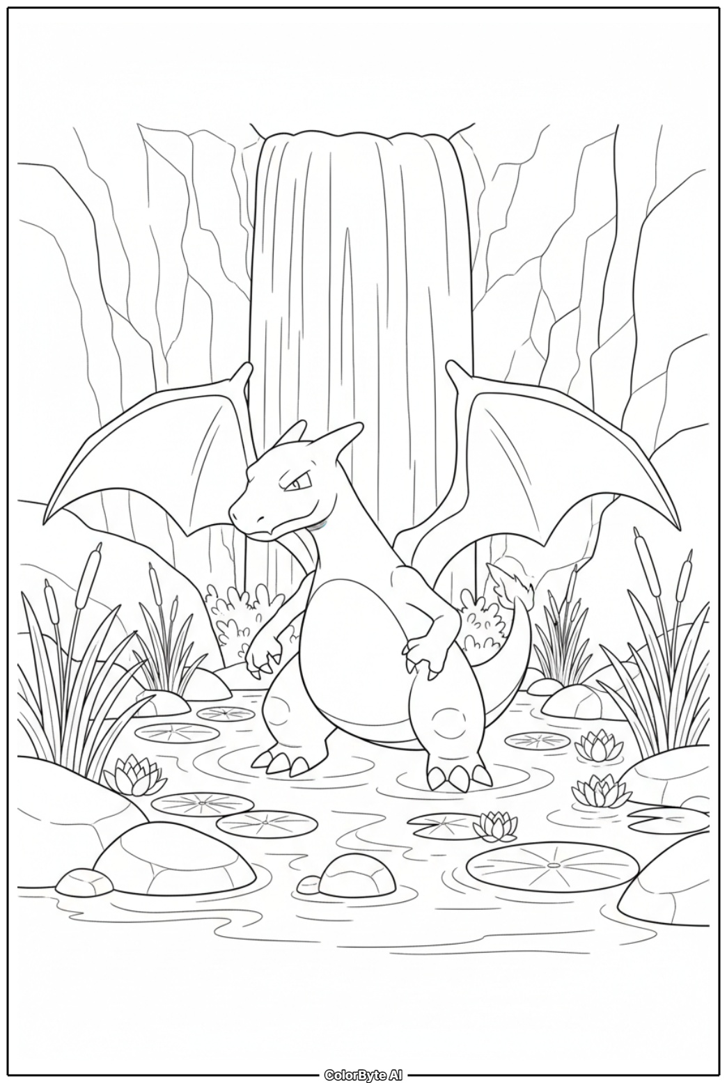 Charizard splashing in waterfall pool