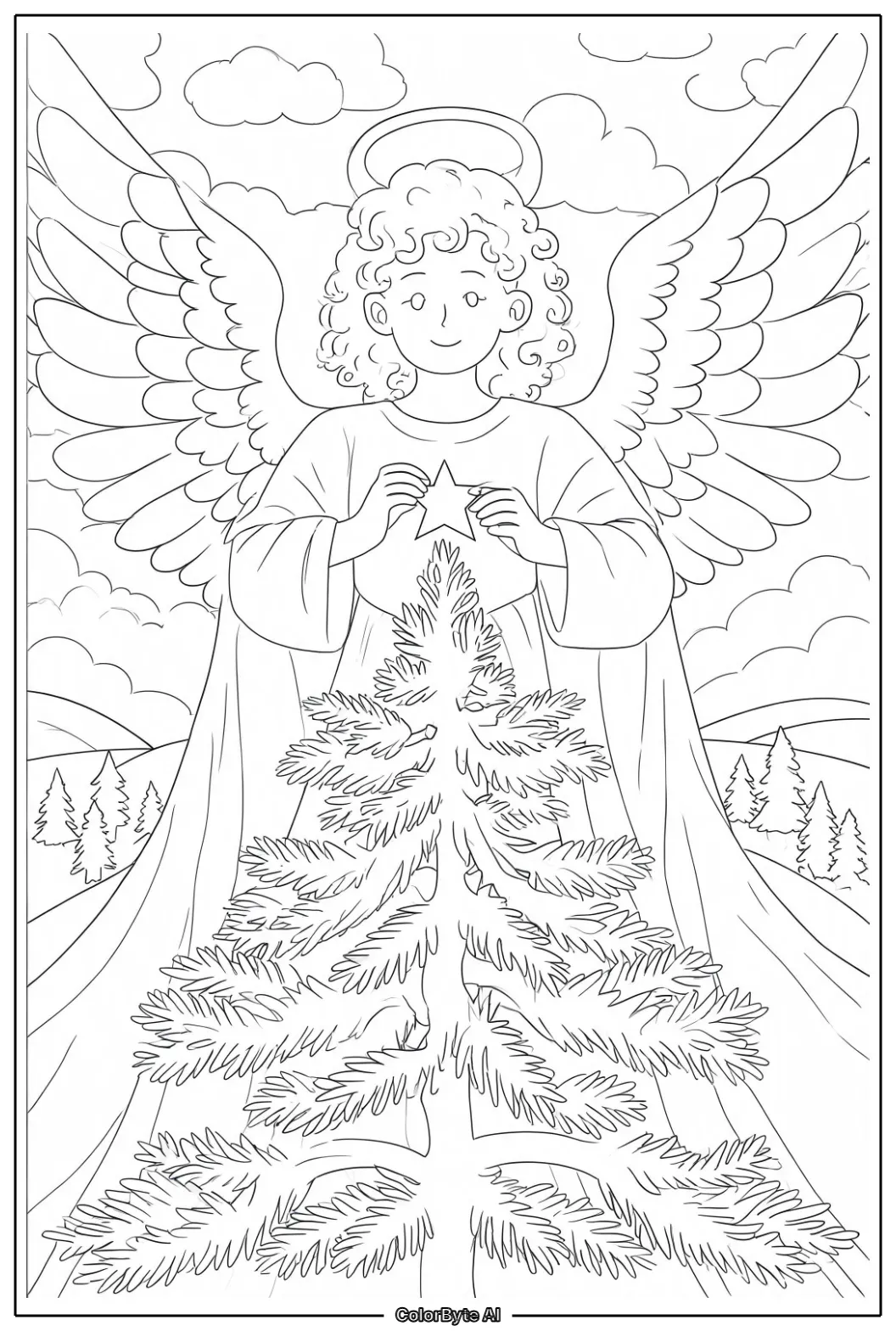 Angel hanging star on small pine tree