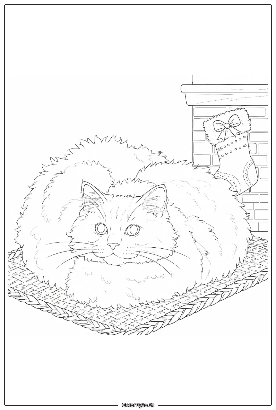 Cat curled up on warm fireplace rug with stocking