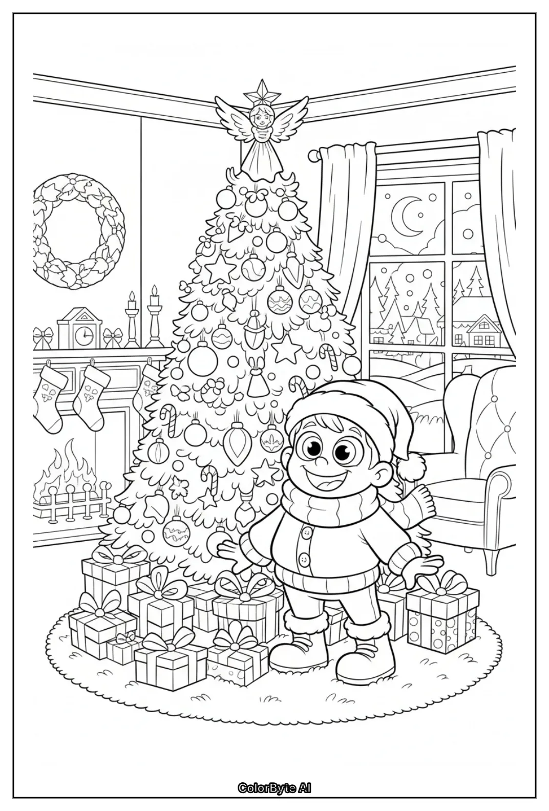 Christmas kid by decorated tree fireplace gifts