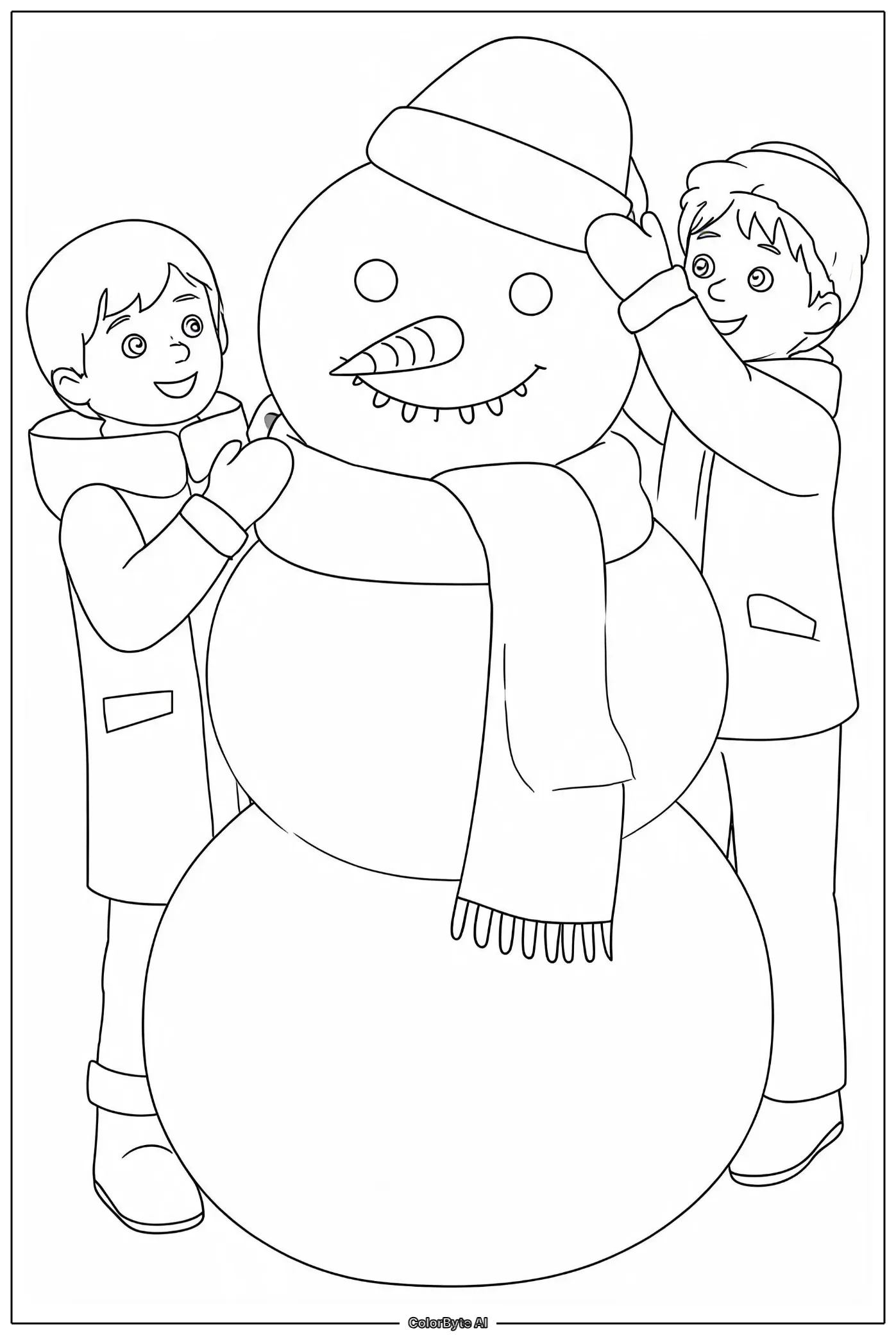 Kids building snowman with scarf and hat