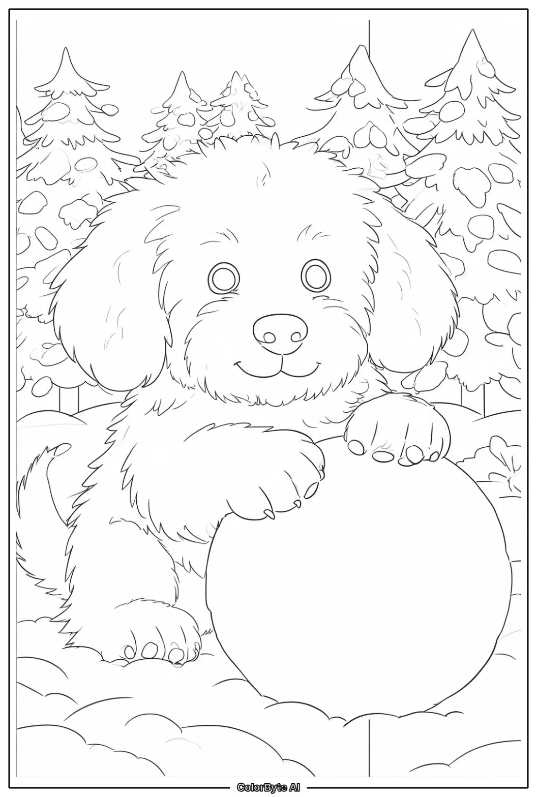 Puppy rolling big round snowball