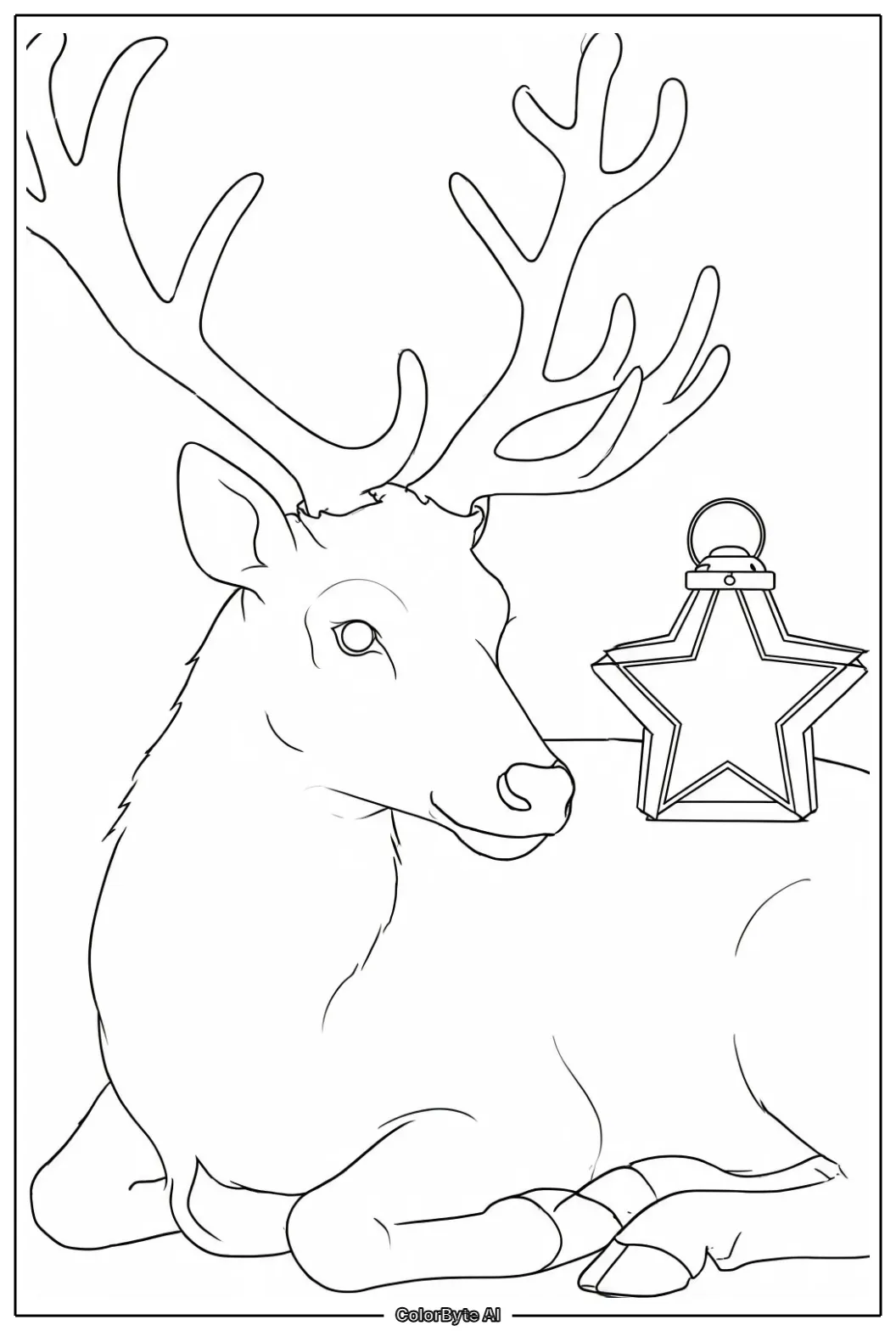 Reindeer resting beside glowing star lantern