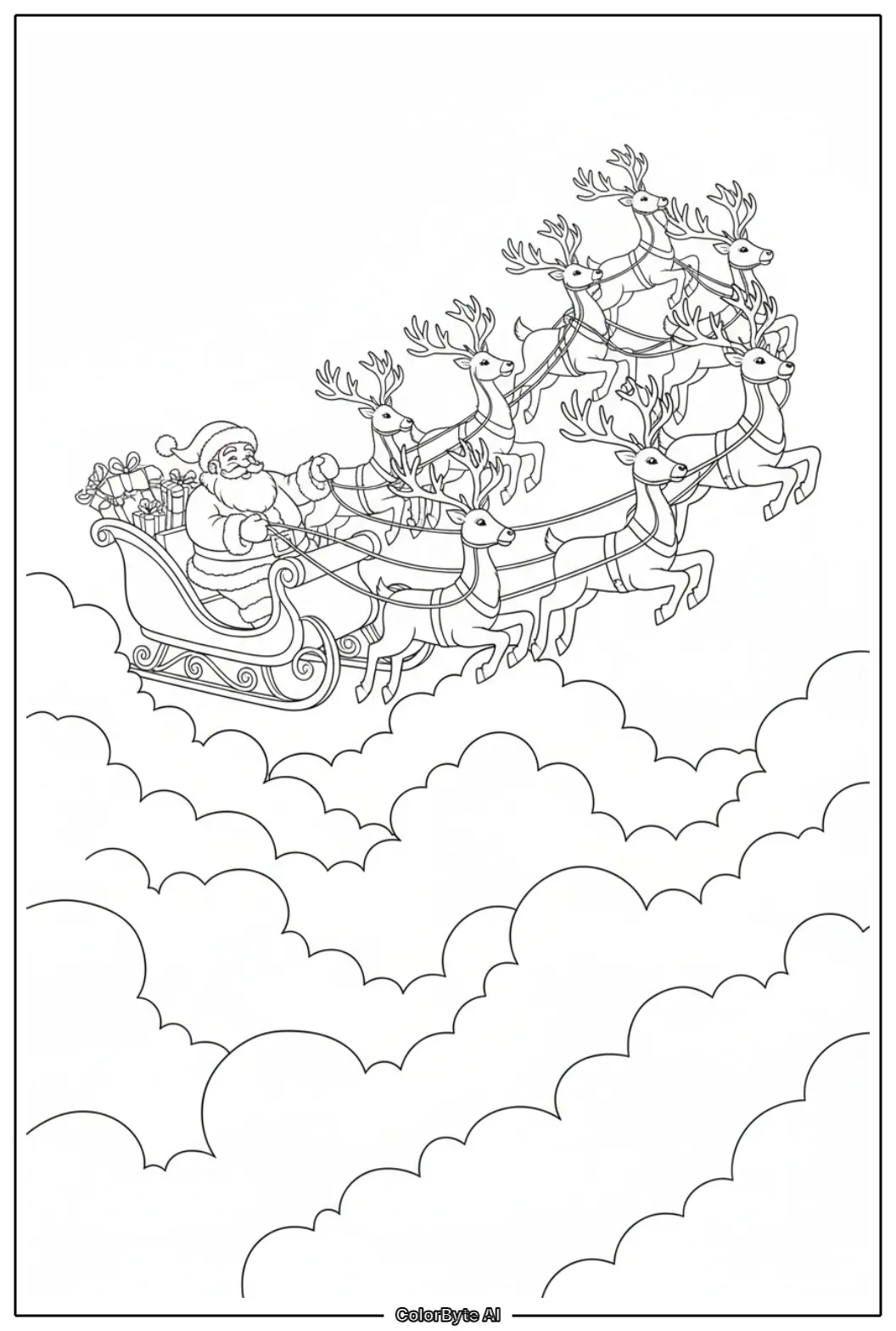 Santa riding flying reindeer above fluffy clouds