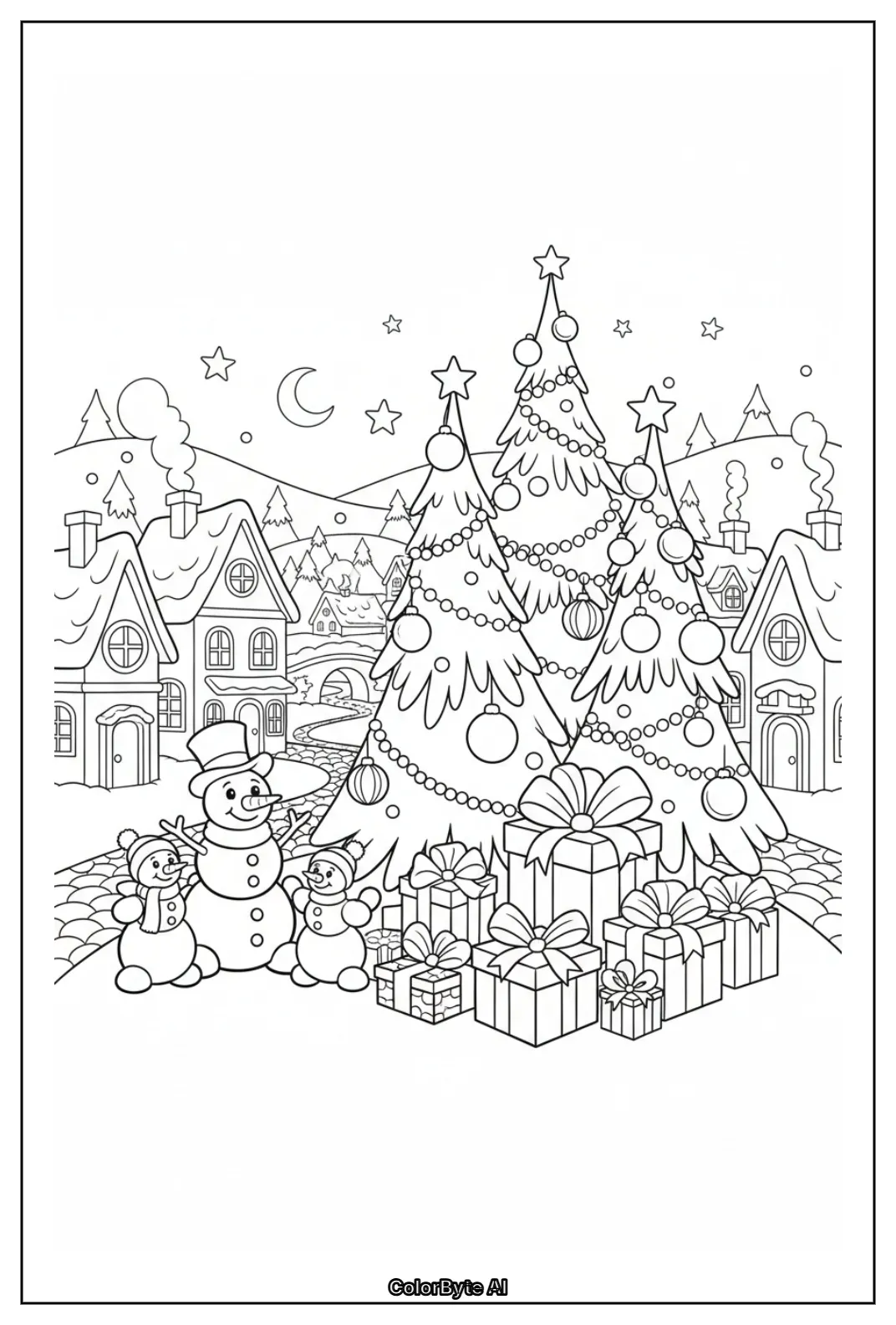 Snowman family by christmas trees gifts snow village