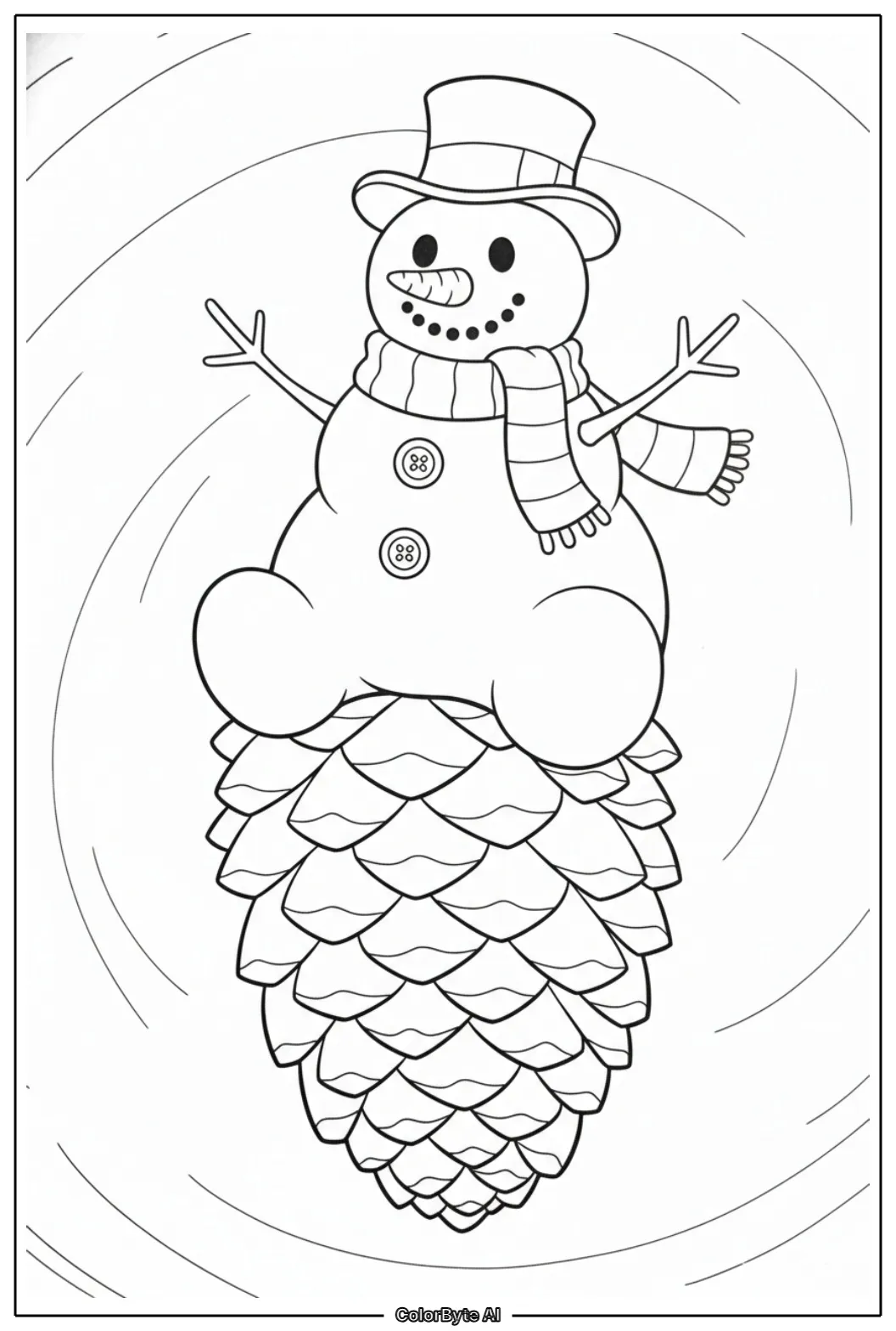 Snowman sitting on giant pine cone