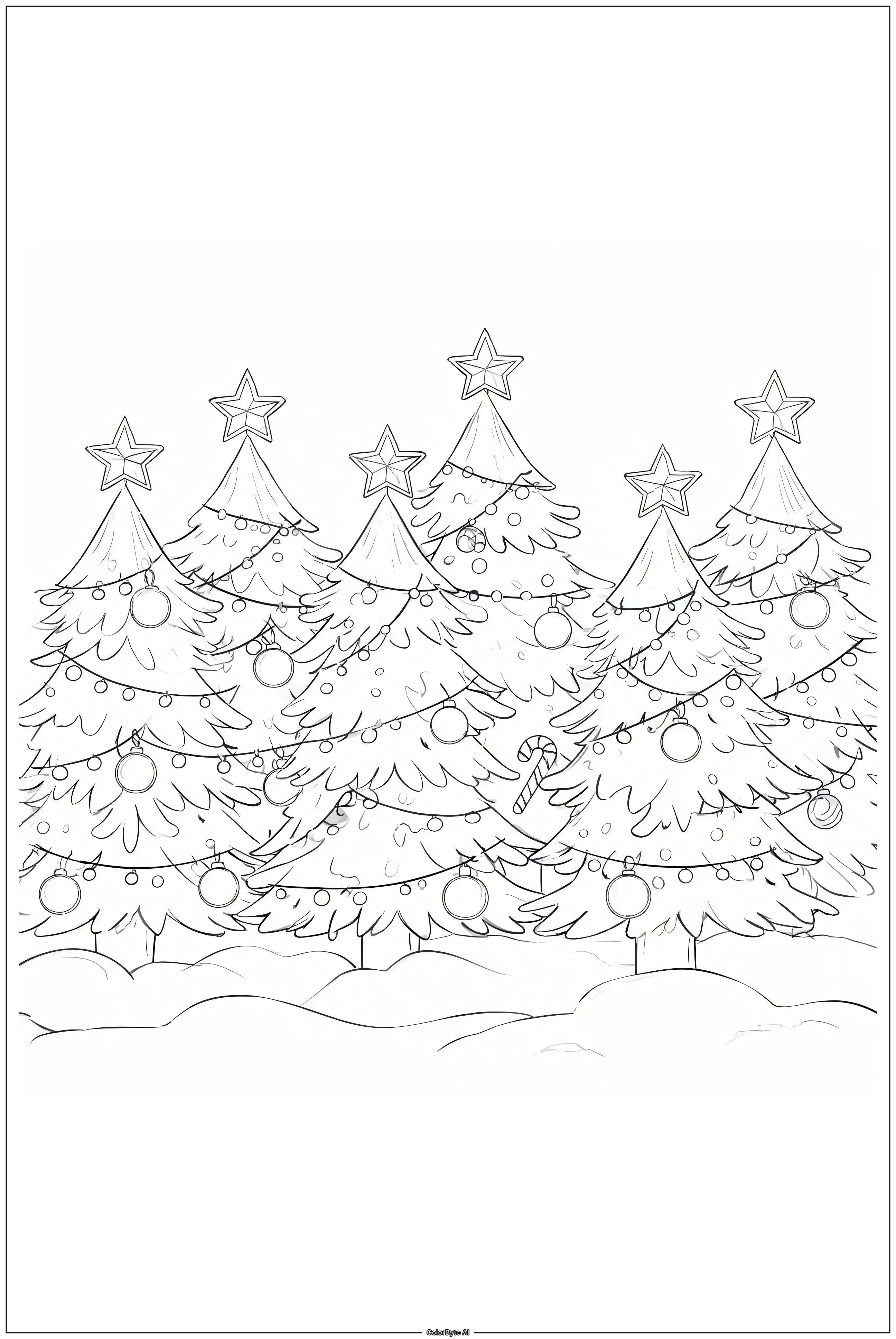 Snowy forest with decorated christmas trees