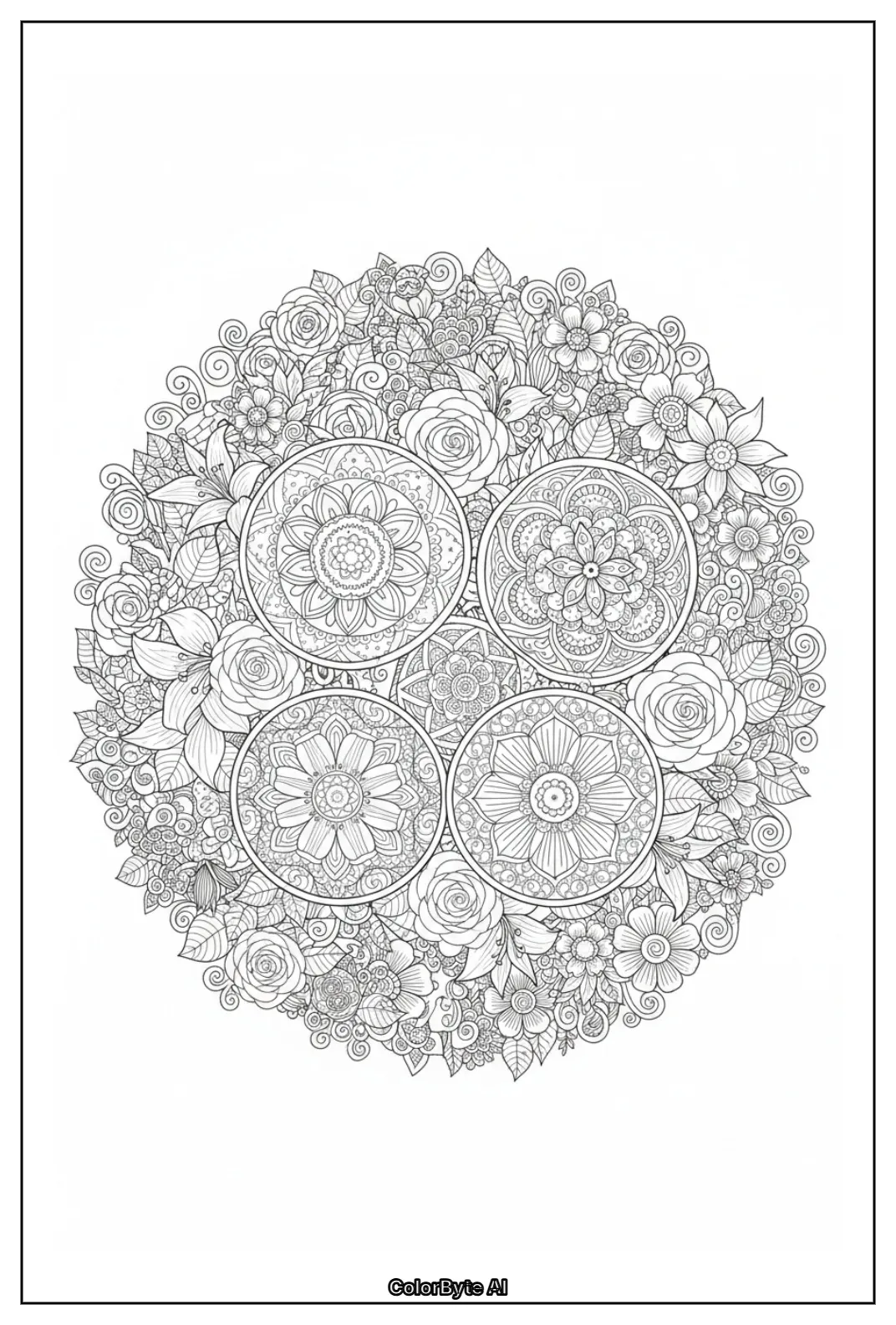 Floral mandala with roses lilies intricate patterns