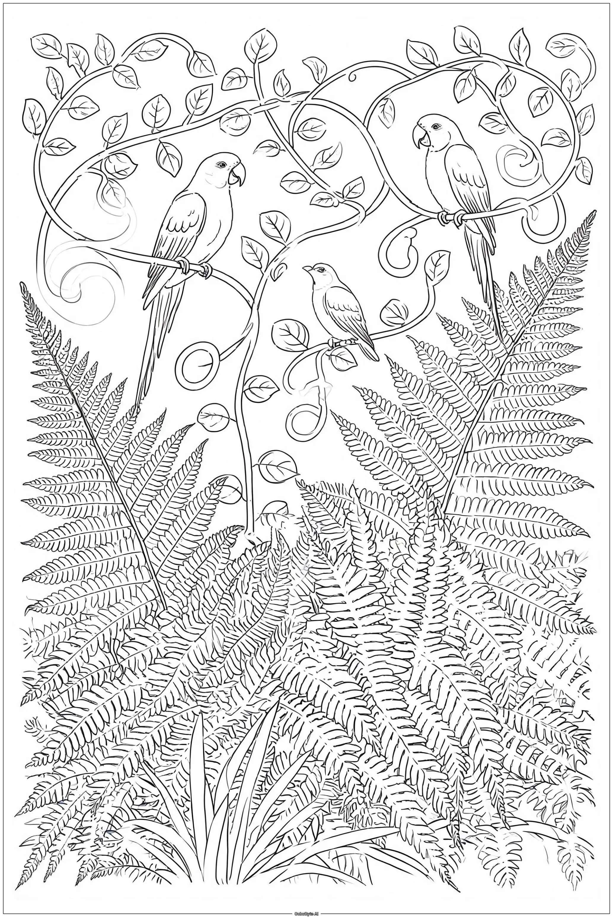 Lush jungle giant ferns exotic vines birds