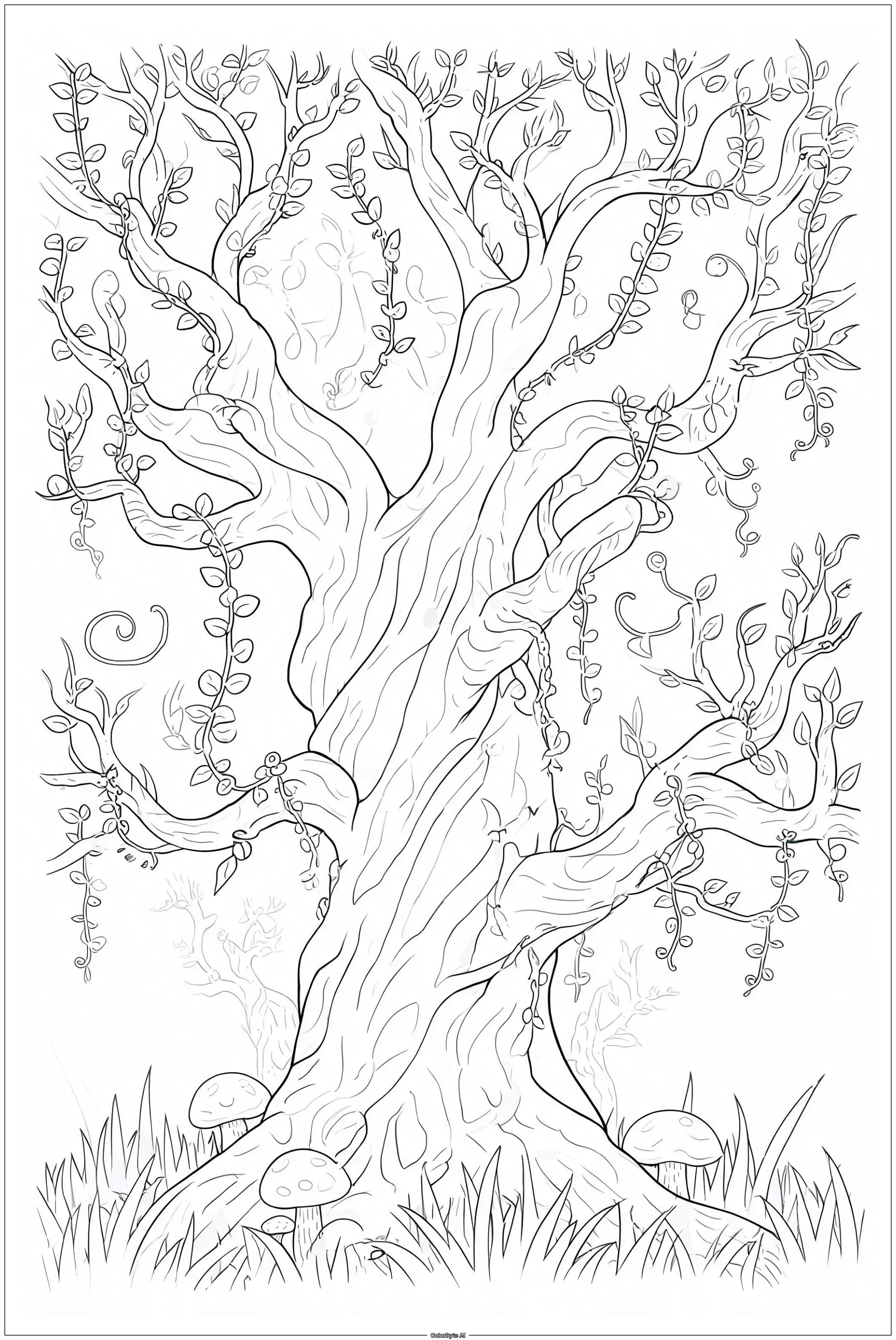 Enchanted old tree twisted trunk glowing vines
