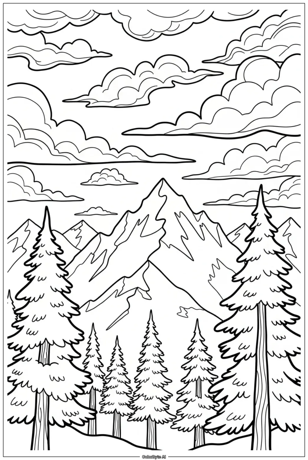 Mountain landscape pine trees distant peaks clouds