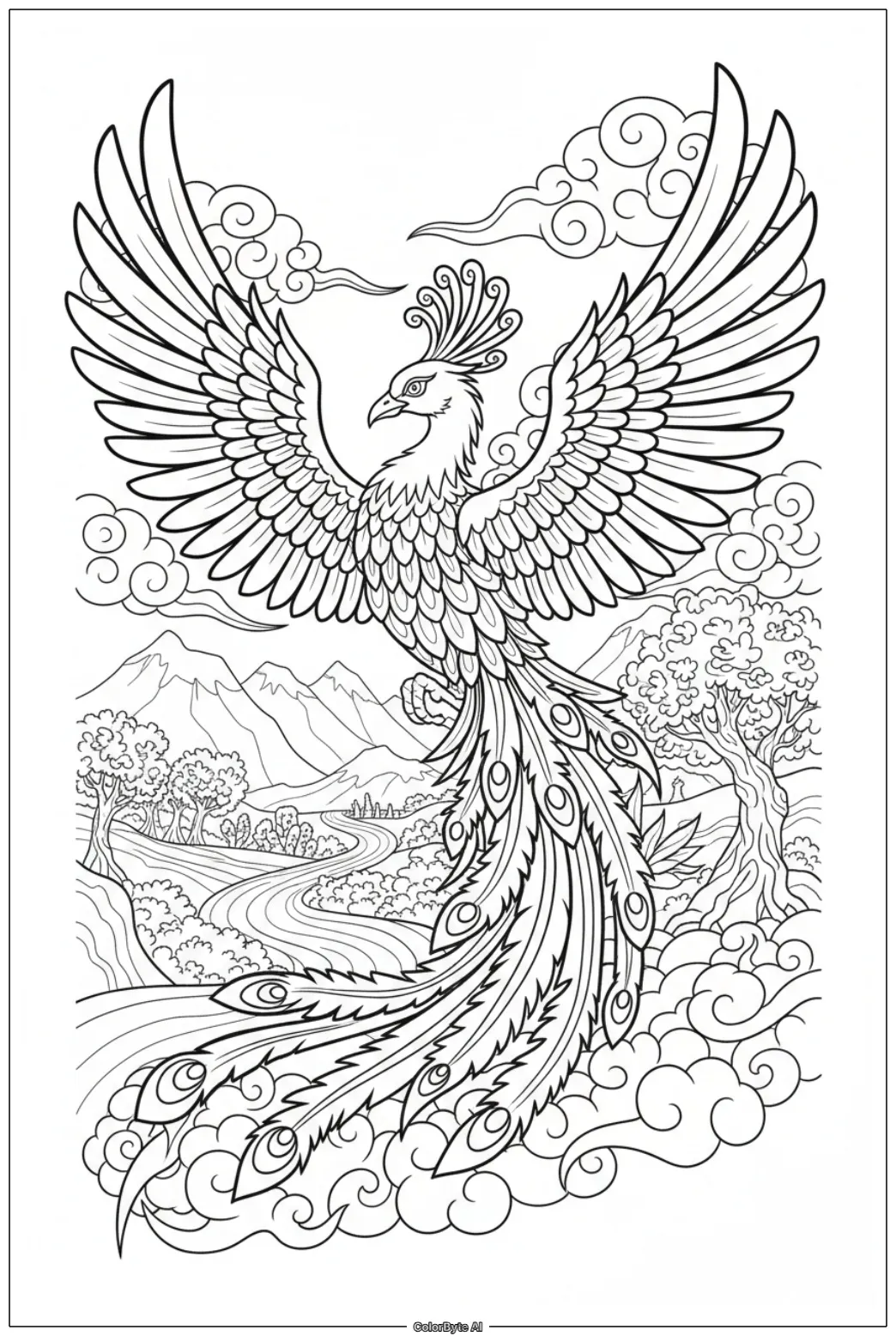 Phoenix with layered feather details and flame patterns