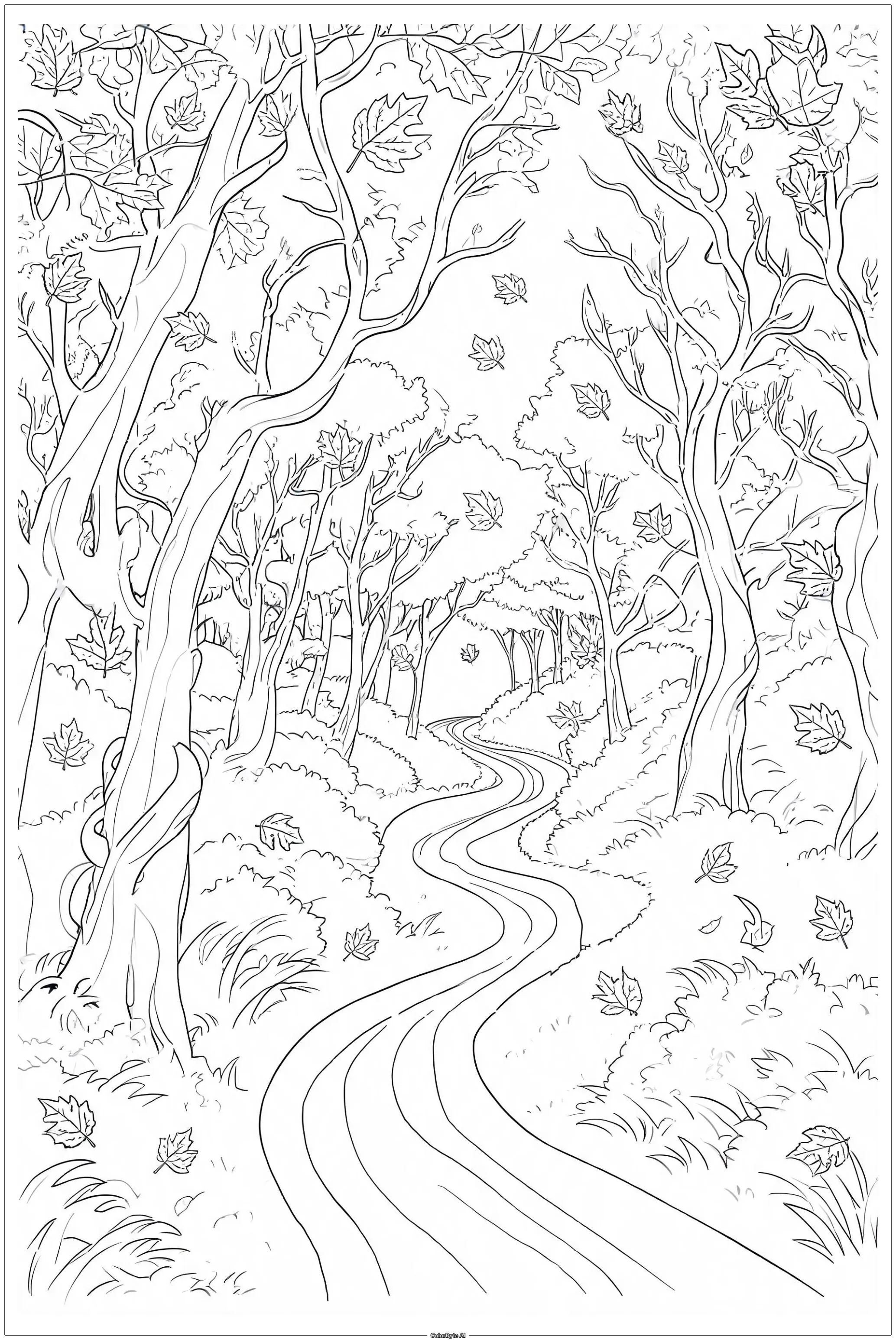 Autumn forest path with falling leaves and twisted branches