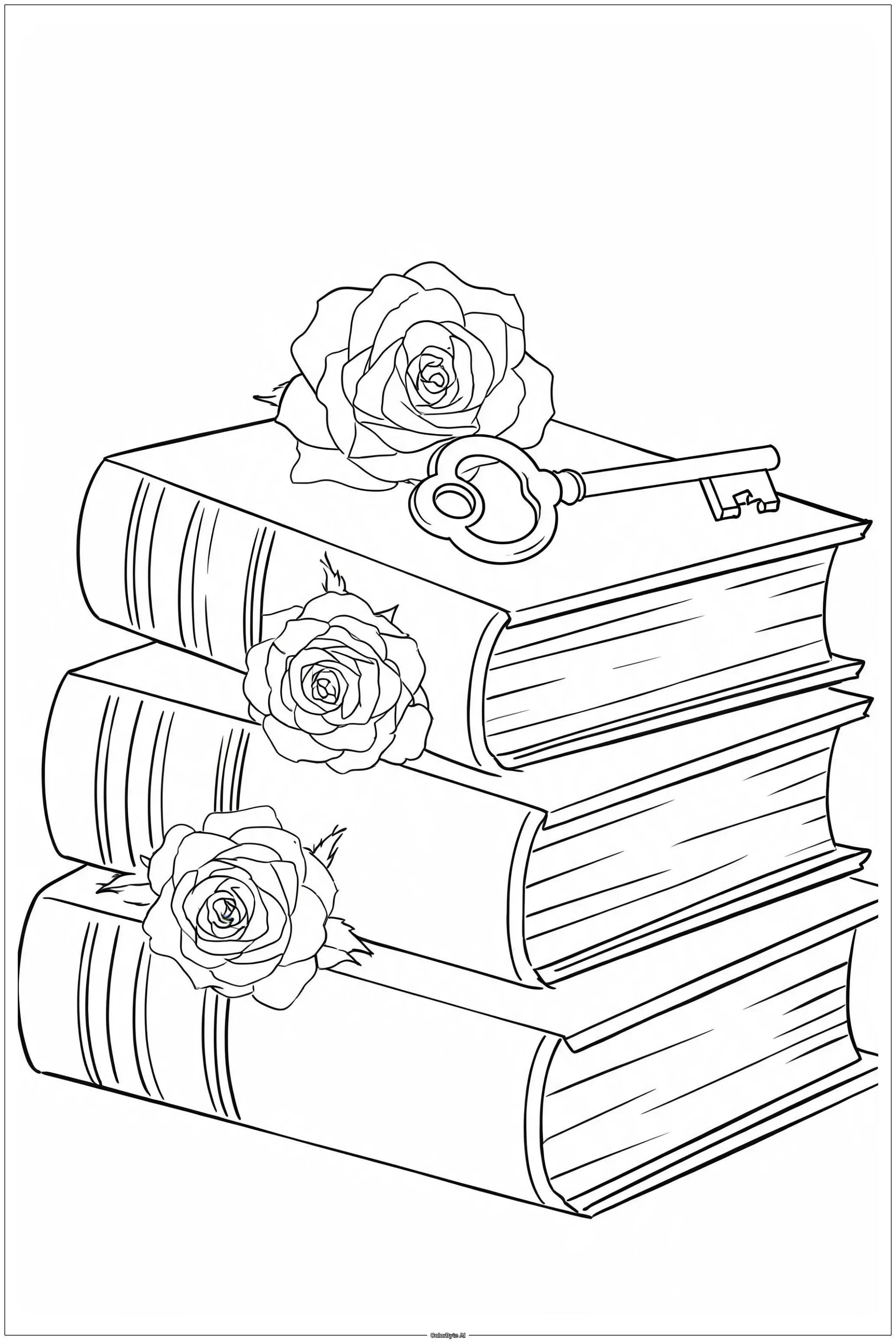 Old library books stacked with dried roses and brass key