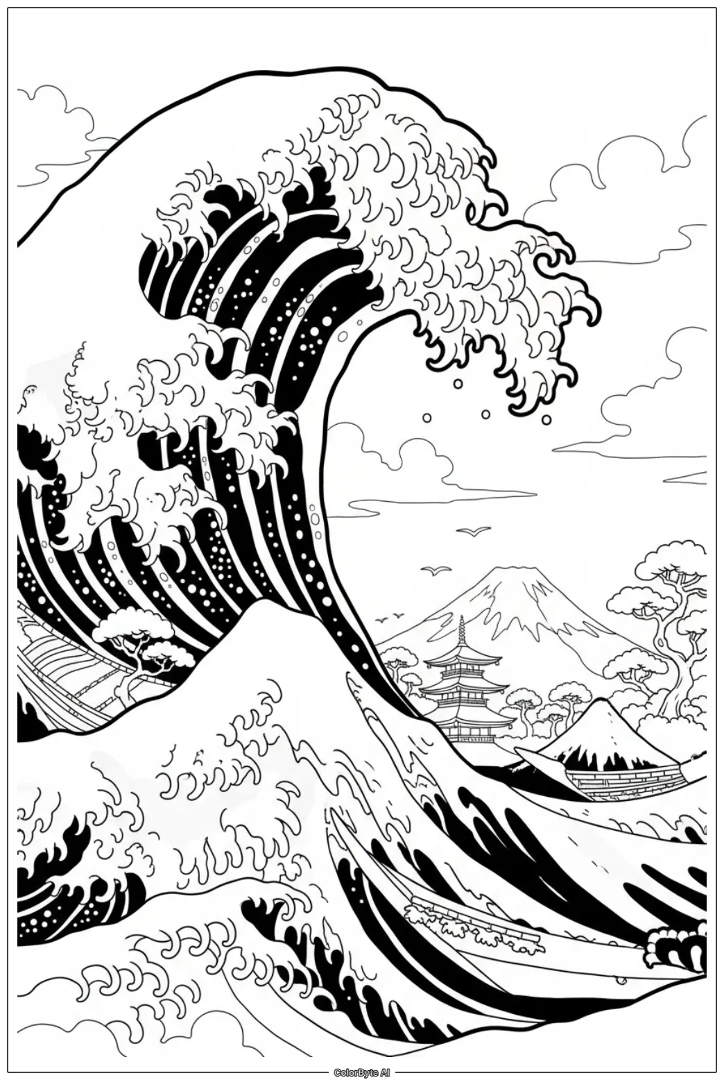 Japanese wave pattern with detailed crests and foam swirls