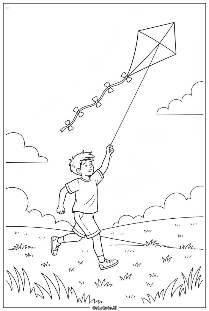 Child flying kite on grassy field