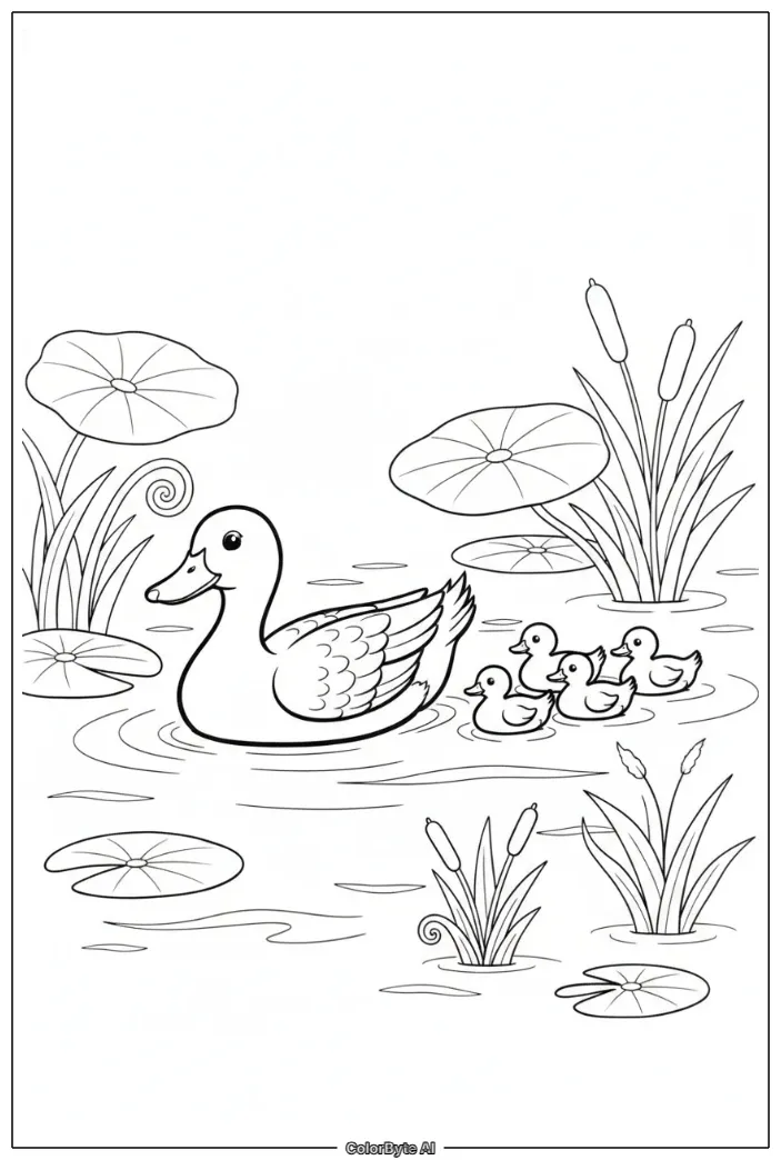 Duck family swimming among water plants