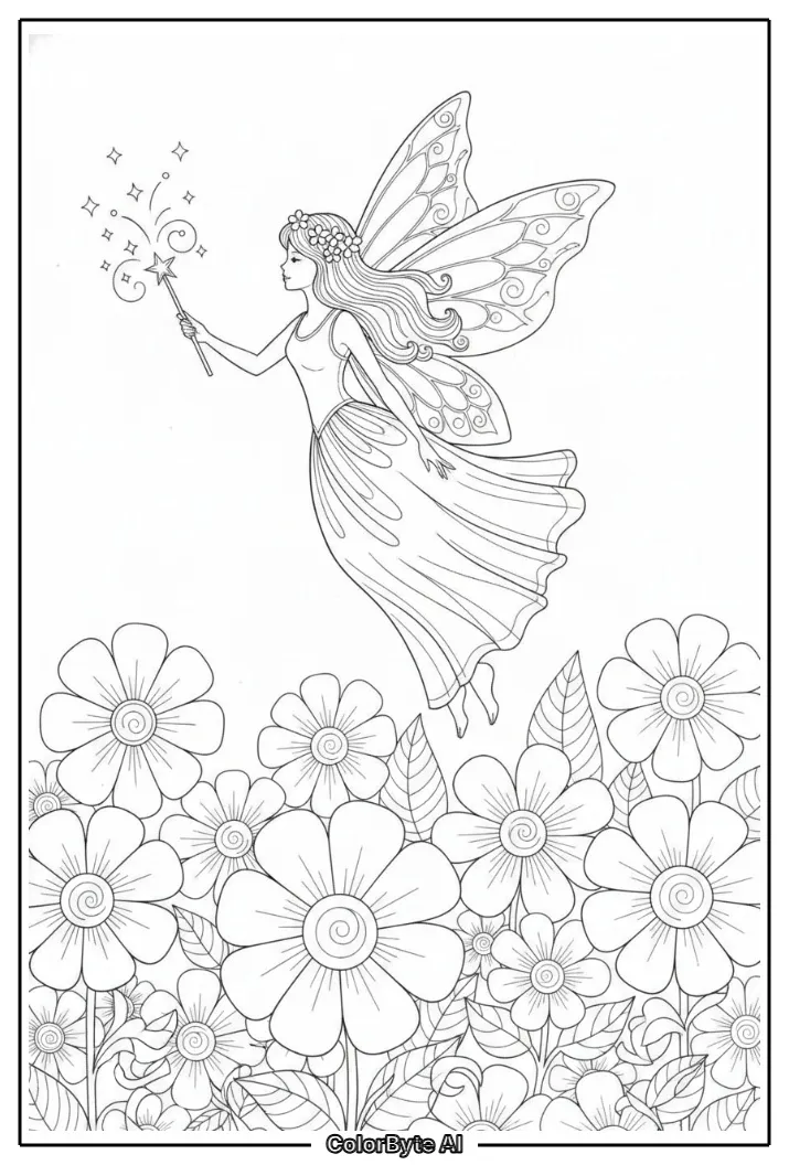 Fairy flying with magic wand above flowers