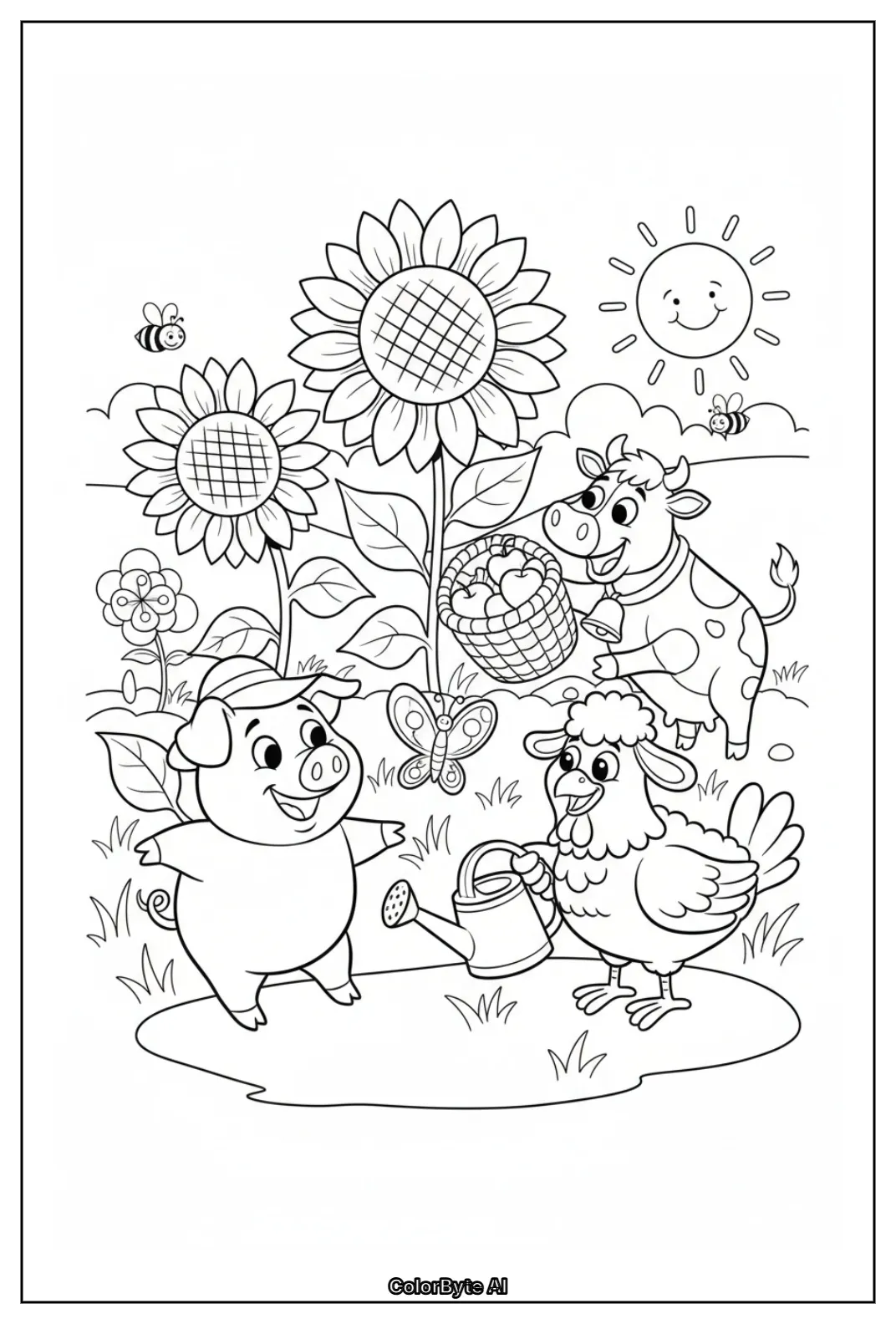 Farm animals pig cow chicken sunflowers garden bees