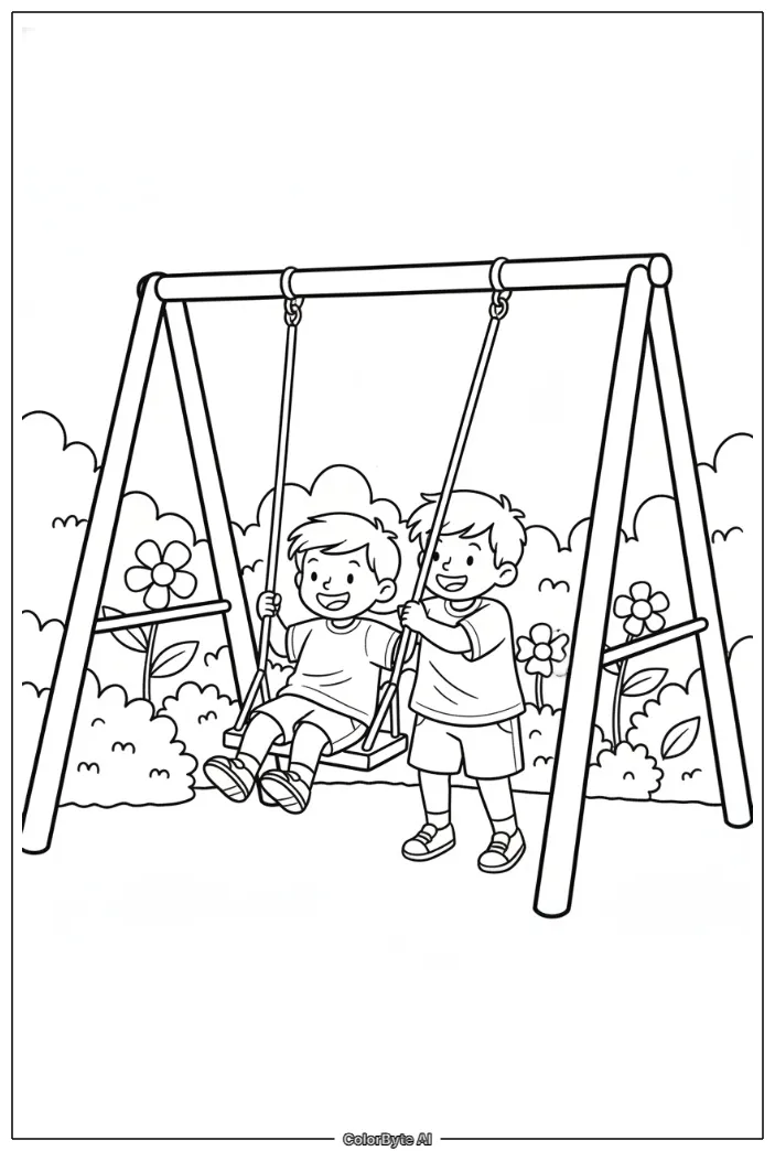 Kids playing on swing set in garden