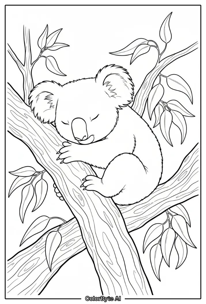 Koala napping on thick eucalyptus branch