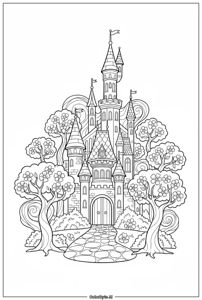 Magic castle surrounded by blooming trees