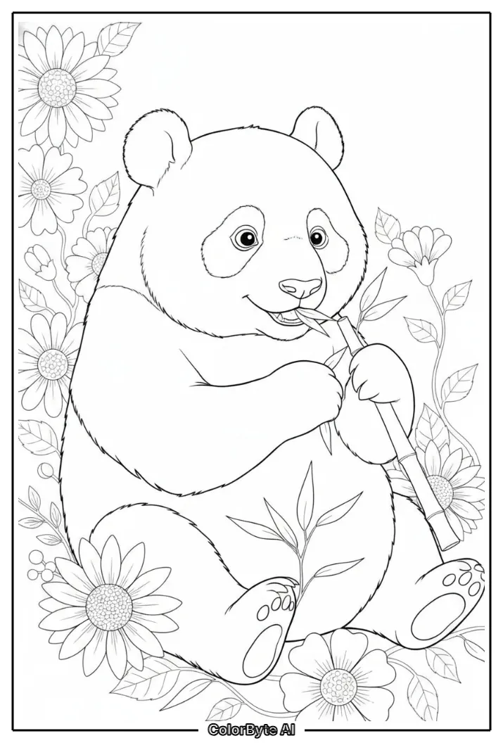 Panda eating bamboo beside colorful flowers