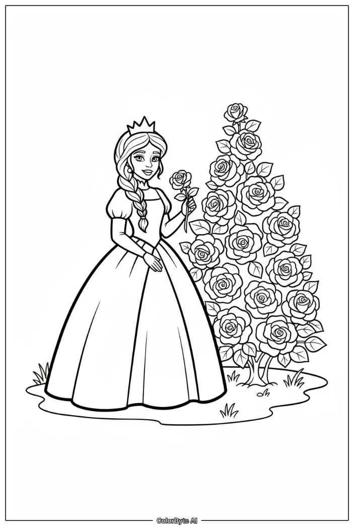 Princess standing beside blooming rose bush