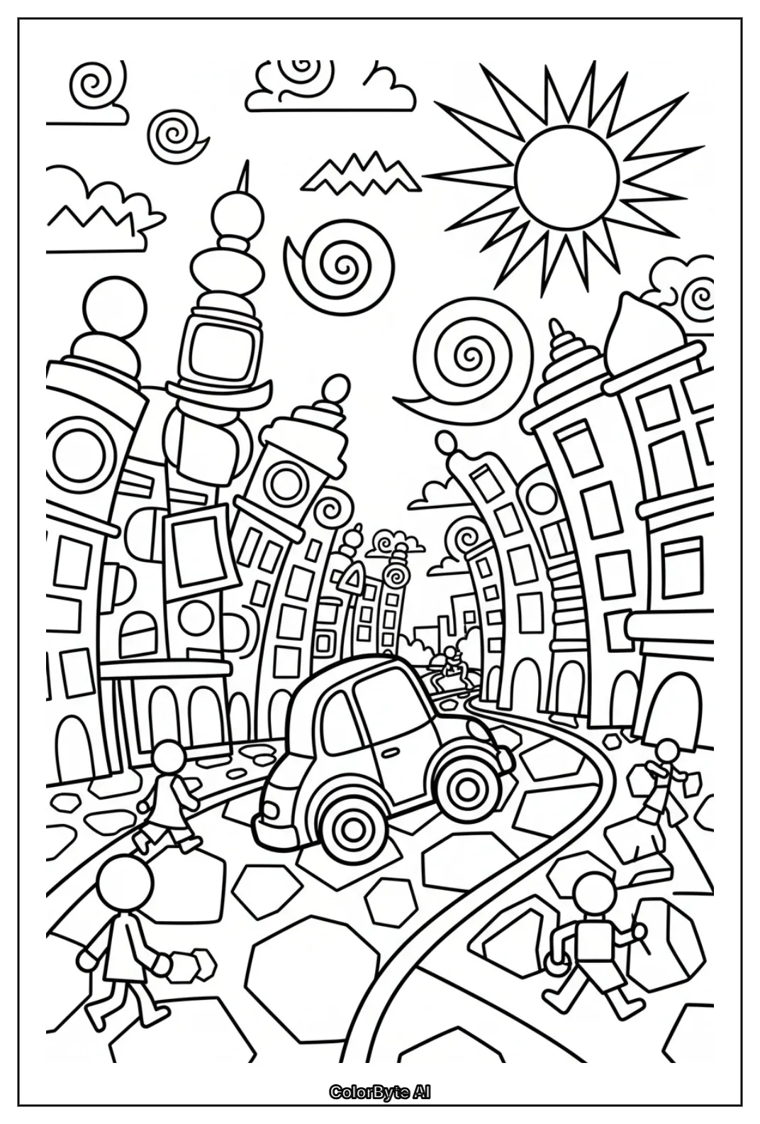 Whimsical cityscape curved buildings car sun clouds stick figures