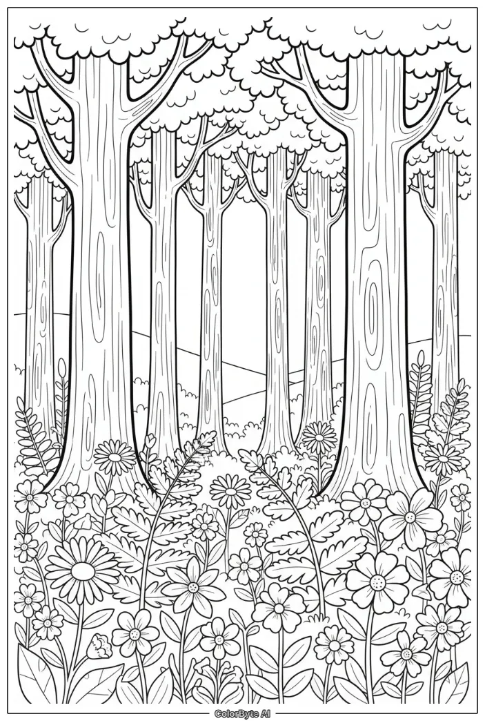 Detailed forest landscape tall trees ferns wildflowers