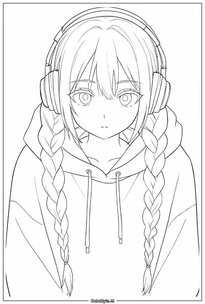 Anime girl with braids streetwear headphones