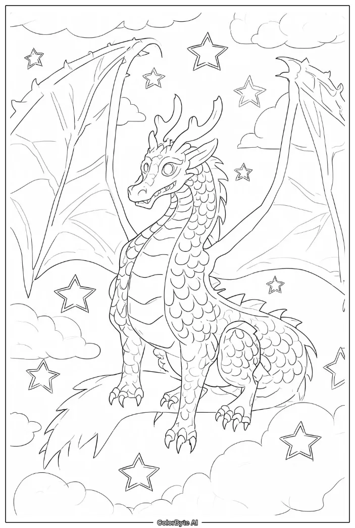 Dragon detailed wings stars clouds