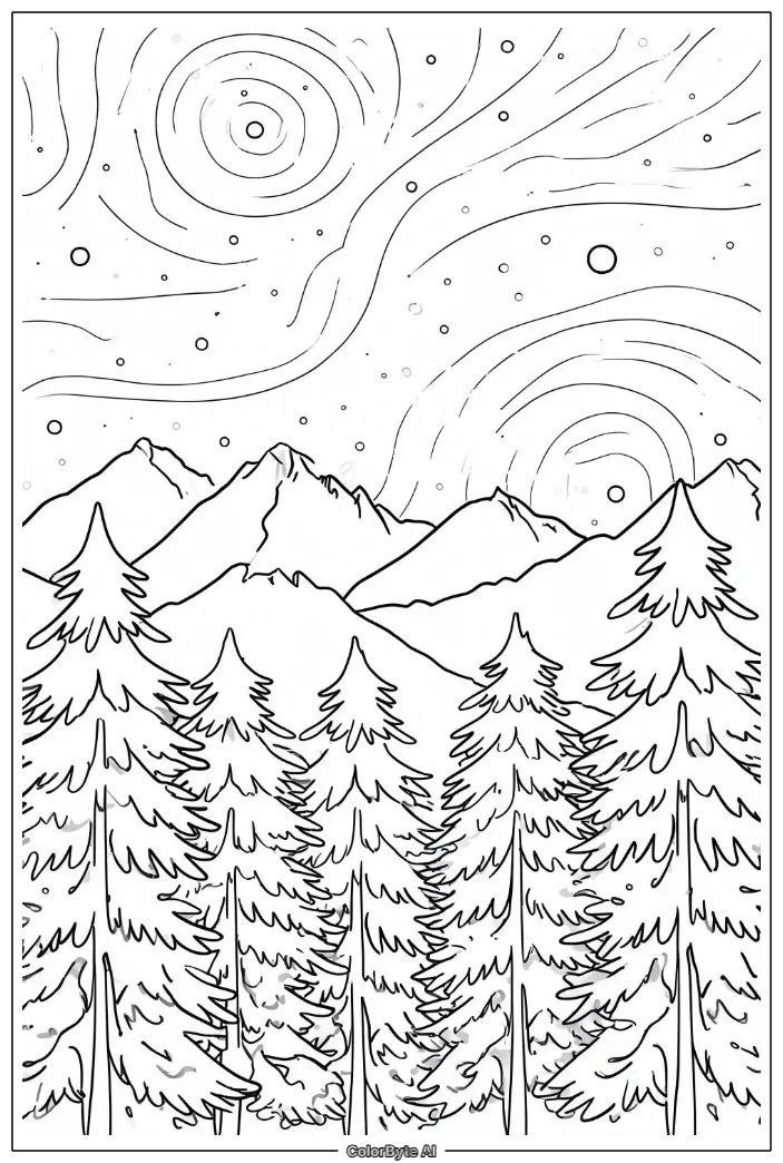 Galaxy sky mountains pine trees
