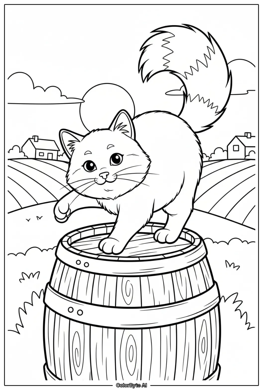 Cute Cat balancing on old wooden barrel at farm